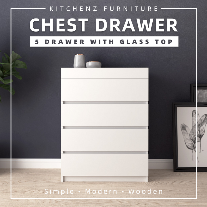 4 Layers Chest Drawer with Big Size Glass Display Top - HMZ-FN-CD-7006-WT