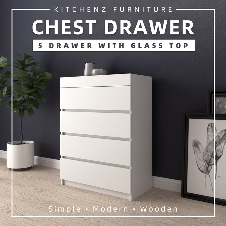4 Layers Chest Drawer with Big Size Glass Display Top - HMZ-FN-CD-7006-WT