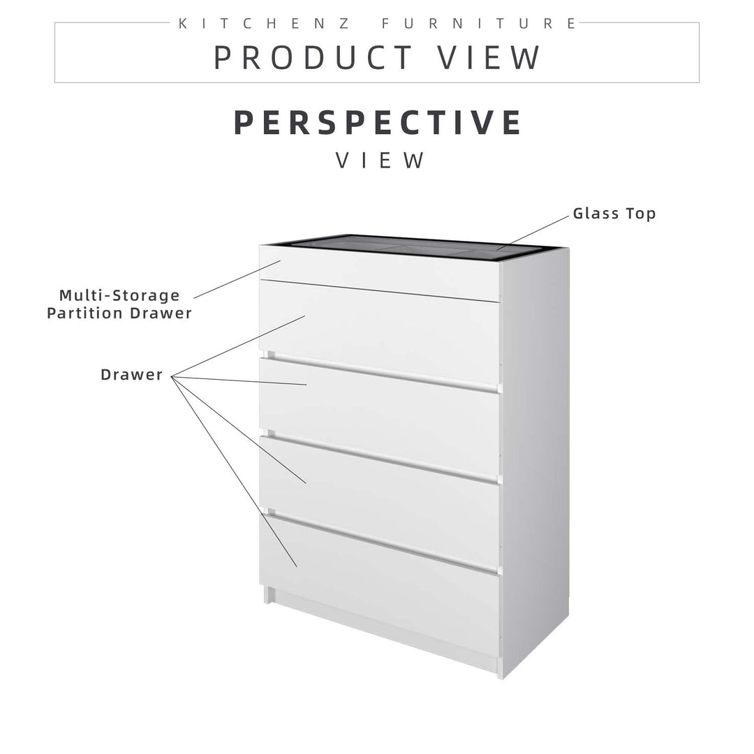 4 Layers Chest Drawer with Big Size Glass Display Top - HMZ-FN-CD-7006-WT