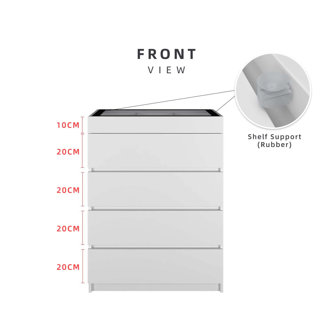 4 Layers Chest Drawer with Big Size Glass Display Top - HMZ-FN-CD-7006-WT